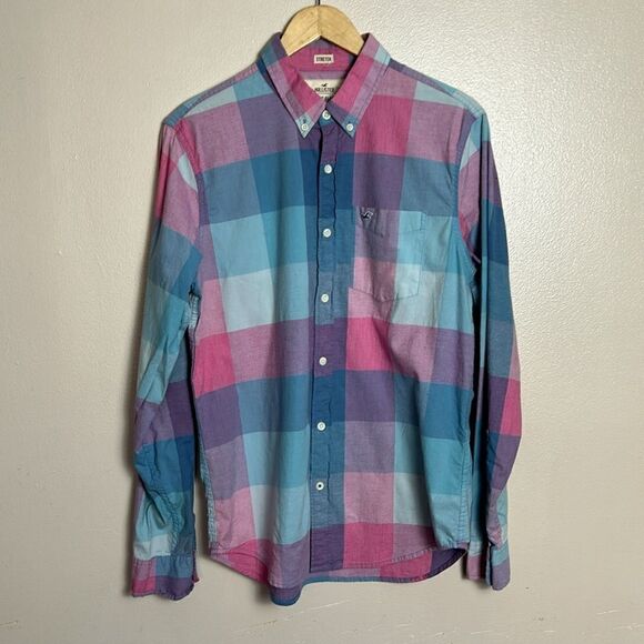 Hollister Mens casual Buttoned Down Long Sleeve Checkered Stretch Shirt large L - Picture 2 of 6